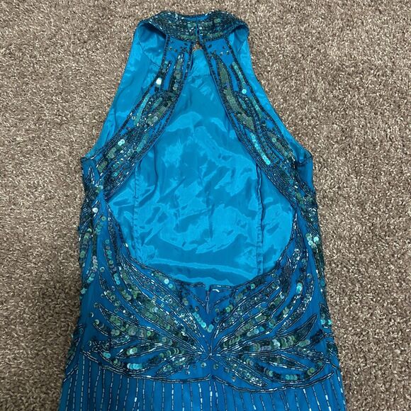Vintage Nadine Blue Hand Beaded Sequin Halter Cocktail/Evening Long Dress - Picture 5 of 9